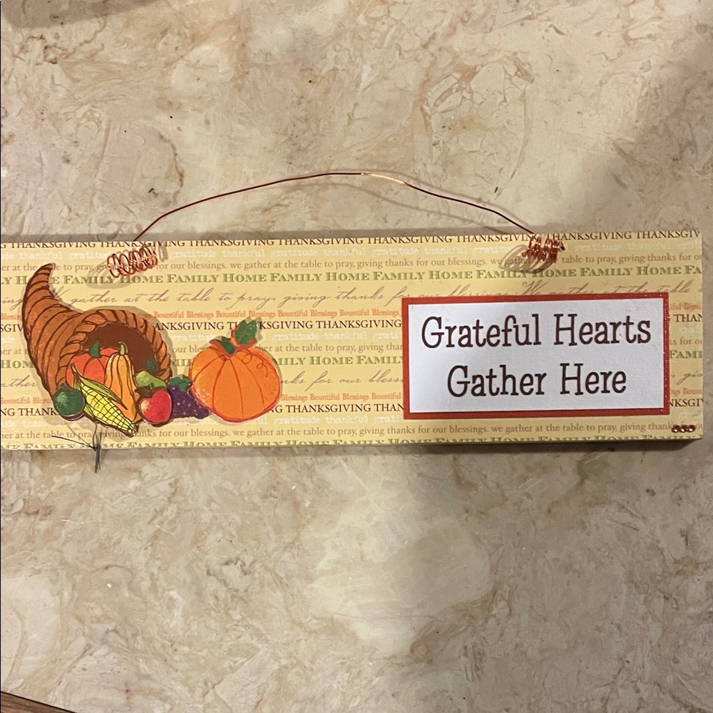 Thanksgiving Wall Sign with Cornucopia and Pumpkin 12 x4 handcrafted